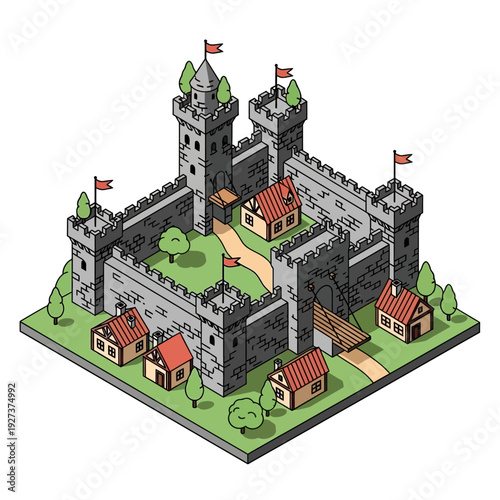 Isometric medieval castle with towers and surrounding buildings.