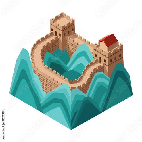 Isometric illustration of the Great Wall of China on a mountainous landscape.