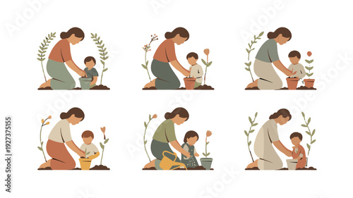 A Mother and child planting flowers together, nurturing growth.