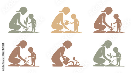 Mother and child working together to nurture plants.