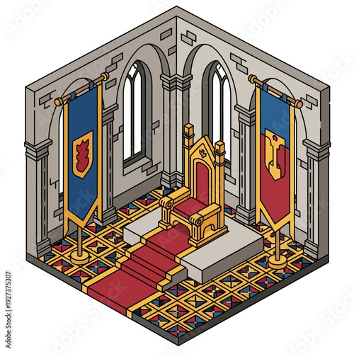 Isometric illustration of a throne room with royal chair and banners.