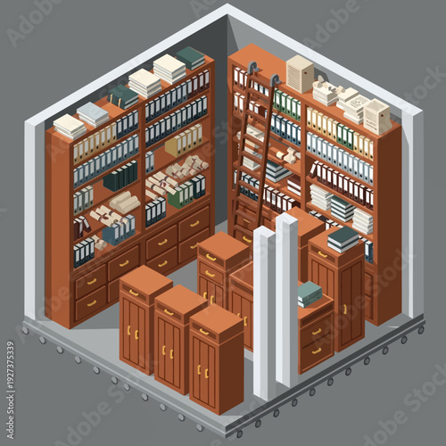Isometric illustration of a modern office storage room with filing cabinets and bookshelves.