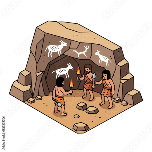 Ancient cave dwellers gathered around a fire inside a rocky cave with prehistoric wall paintings.