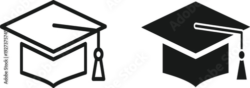 Two simple graduation cap icons one outline and one solid black representing academic achievement and education