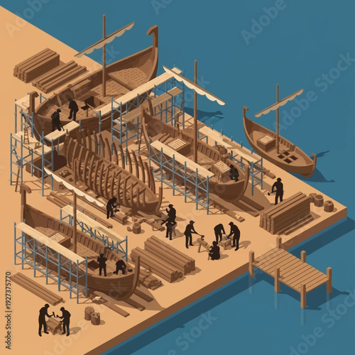 Ancient shipyard with workers constructing and repairing vessels.