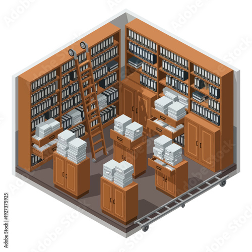 Isometric 3D illustration of a storage room with shelves and cabinets.