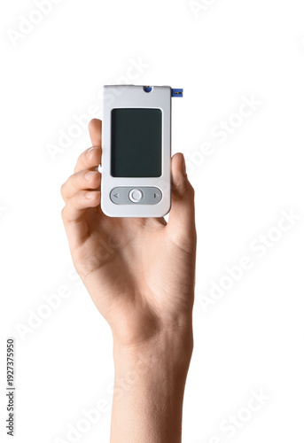 Wallpaper Mural Woman holding digital glucometer on white background Torontodigital.ca
