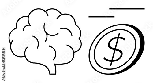 Finance, decision-making, economic strategy, knowledge, wealth, business. Black and white line art of a brain and a coin. Financial decision-making and economic strategy concept