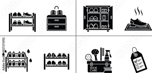 Black and White Vector Icon Set Featuring Various Shoe Storage Solutions, Racks, Closets, Footwear Maintenance Kits, Cleaning Supplies, Deodorizing Mats, and Organization Checklist Symbols