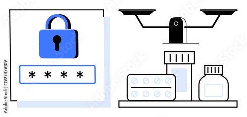Cybersecurity, healthcare, data protection, user authentication, medicine regulations, secure access. Lock icon with password field paired with medicine bottles and scales. Cybersecurity