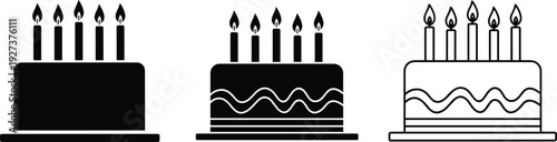 Black and White Vector Icon Set Featuring Birthday Cakes with Lit Candles, Layered Party Desserts, Celebration Graphics, and Anniversary Cake Outline Symbols