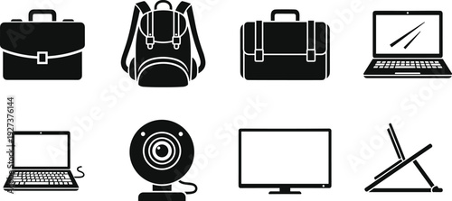 Black and White Vector Icon Set Featuring Office Briefcases, Backpack, Laptop Computers, Webcam, Desktop Monitor, and Portable Stand for Remote Work and Business