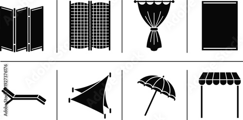 Black and White Vector Icon Set Featuring Privacy Screens, Room Dividers, Window Curtains, Folding Panels, Sun Sails, Patio Umbrellas, Lounge Chairs, and Outdoor Canopy Awnings