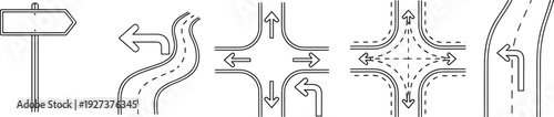Black and White Vector Icon Set Featuring Road Navigation Symbols, Winding Highway Paths, Street Intersections, Traffic Direction Arrows, Guideposts, and Journey Wayfinding Design Elements
