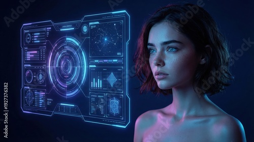 A young woman gazes intently at a glowing blue and purple holographic interface displaying complex data and a star map, symbolizing advanced technology and future innovation.