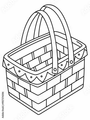 Simple black and white illustration of a charming wicker picnic basket with a handle and decorative trim on a plain white background.
