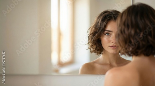 A beautiful young woman with short wavy brown hair and blue eyes gazes intently at her reflection in a mirror, conveying natural beauty and self-care.