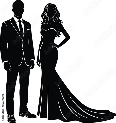 Black vector silhouette of an elegant couple featuring a man in a professional suit and a woman in a glamorous evening gown with train