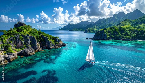 Aerial view sailboat sails across tropical bay. Emerald clear sea, turquoise water. Sunny weather, summer vacation, nautical travel on luxury yacht. Paradise island coast, relaxation, leisure, active 