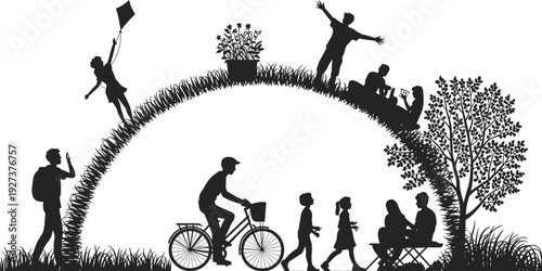 Black vector silhouette of people enjoying outdoor activities in a park including cycling flying kites picnicking and walking for community lifestyle nature and recreation branding