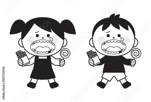 お菓子を持った虫歯だらけの子供