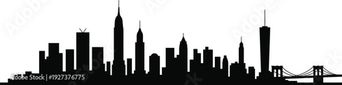 Black vector silhouette of the New York City skyline featuring the Empire State Building and Brooklyn Bridge for urban travel tourism and metropolitan branding