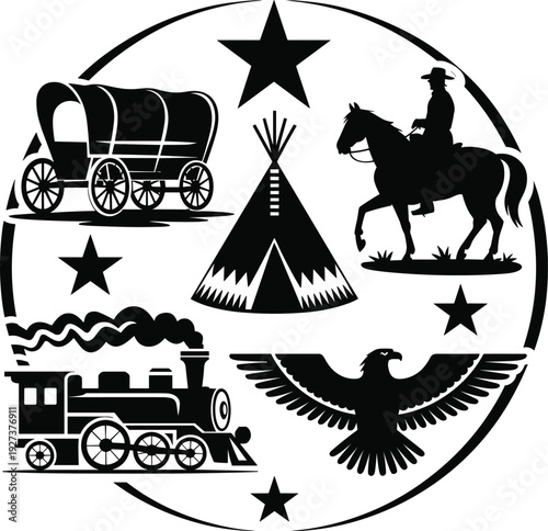 Black vector silhouette set featuring a covered wagon steam train cowboy on horse eagle and tipi for American frontier history and wild west branding