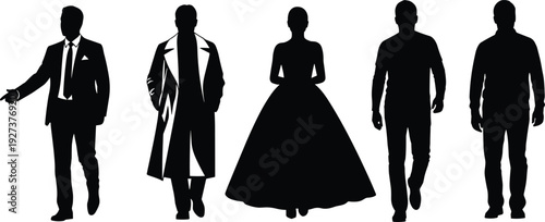 Black vector silhouette set featuring professional businessman in suit elegant woman in ball gown and men in casual winter coats for fashion branding design