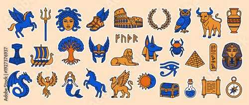 Ancient Symbols of Mythology: An array of captivating illustrations featuring iconic figures and objects from various ancient mythologies, from the ethereal Pegasus to the formidable Sphinx.