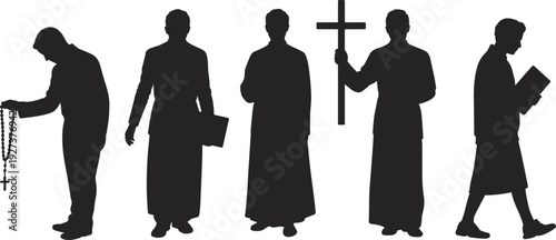 Black vector silhouette set of catholic priests and monks in traditional robes holding a cross rosary and bible for religious church and spiritual branding