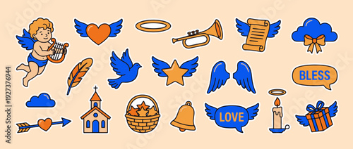 Heavenly Elements: An assortment of heavenly elements, including angel wings, a Cupid figure, and cherubic components, arranged as a symbolic illustration.