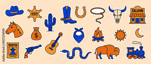 Vivid Western Icons: A collection of vibrant icons brings the spirit of the Wild West to life, featuring cowboy elements for your designs.