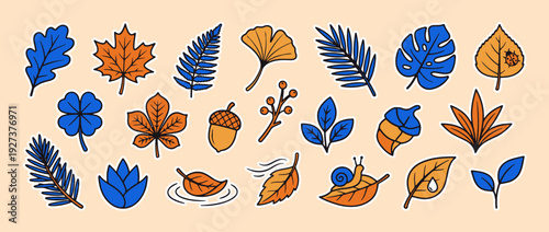 Botanical Ensemble: A vibrant collection of diverse leaves and natural elements, showcasing intricate details and various botanical forms.