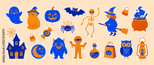 Spooky Halloween Elements: A delightful collection of playful and colorful illustrations featuring classic Halloween characters and symbols, perfect for creating festive and fun designs.