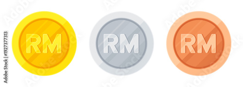 Set of gold, silver and copper coins with Malaysian ringgit sign (RM). Economy, finance, investment, profit, money, MYR currency concept. Flat vector illustration isolated on white background