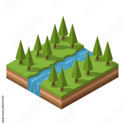 Isometric illustration of a serene landscape with trees and a river.