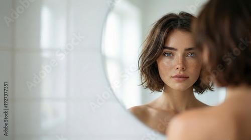 A beautiful young woman with short brown hair, striking blue eyes, and natural freckles gazes intently at her reflection in a round mirror, symbolizing self-care and authentic beauty.