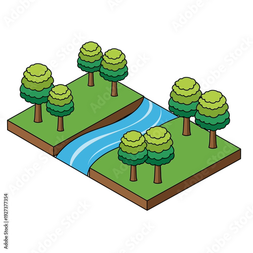 Isometric illustration of a river flowing between two landmasses with trees.