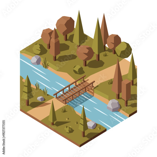 Isometric illustration of a serene forest landscape with a wooden bridge over a river.