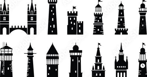 Black vector silhouette set of diverse medieval castle towers ancient fortresses lighthouses and historic monuments for architectural travel history and fairy tale branding