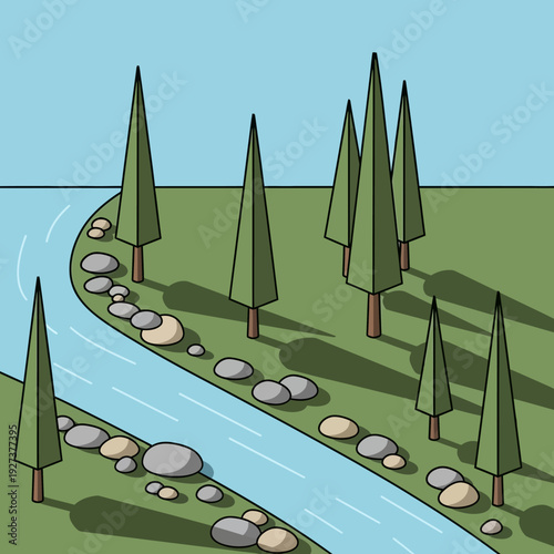 Serene river landscape with trees and rocks along the banks.