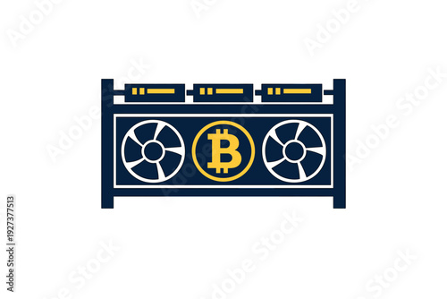 Cryptocurrency mining rig with cooling fans and bitcoin symbol on white background representing digital currency hardware