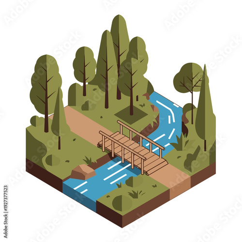 Isometric illustration of a serene river landscape with a wooden bridge.