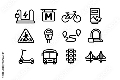 Urban transportation and city infrastructure line icon set featuring bus bicycle scooter traffic light and charging station
