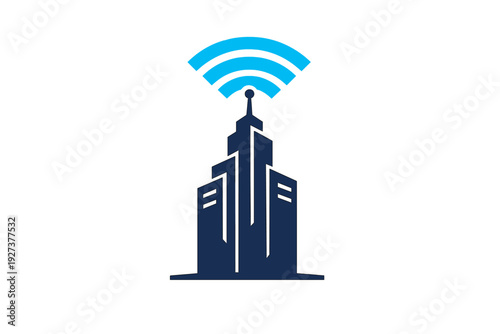 Modern skyscraper with wireless signal icon representing smart city technology and urban connectivity on white background