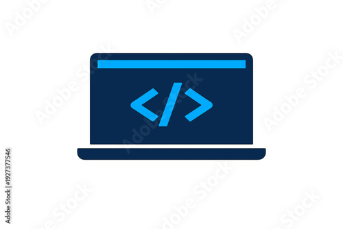 Laptop computer icon with coding brackets on screen for software development and web programming concept