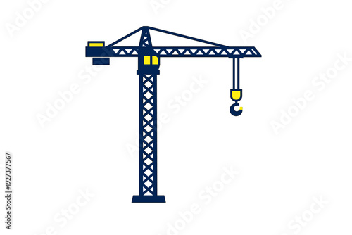Blue and yellow tower crane icon for construction and industrial building projects isolated on white background