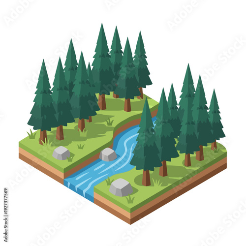 Isometric illustration of a serene forest landscape with a winding river and lush green trees.