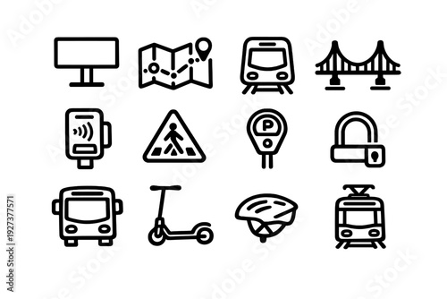 Collection of urban transportation and smart city icons featuring bus train electric scooter map bridge and parking meter symbols