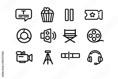 Cinema and movie production line icon set featuring film reel popcorn camera and director chair on white background